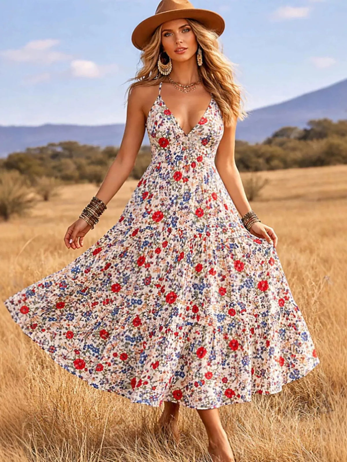 Floral Print V-neck Midi Dress (7)
