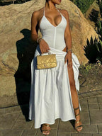 Halter Neck Ruched Bodysuit Maxi Skirt Set (2)