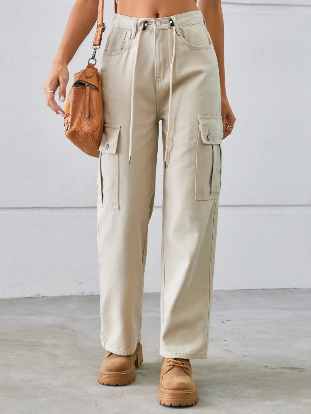 Drawstring Mid-rise Waist Straight Cargo Jeans (16)