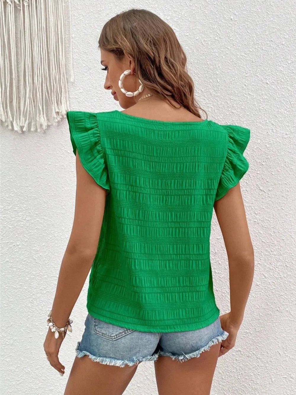 Ruffled Square Neck Cap Sleeve Blouse (2)
