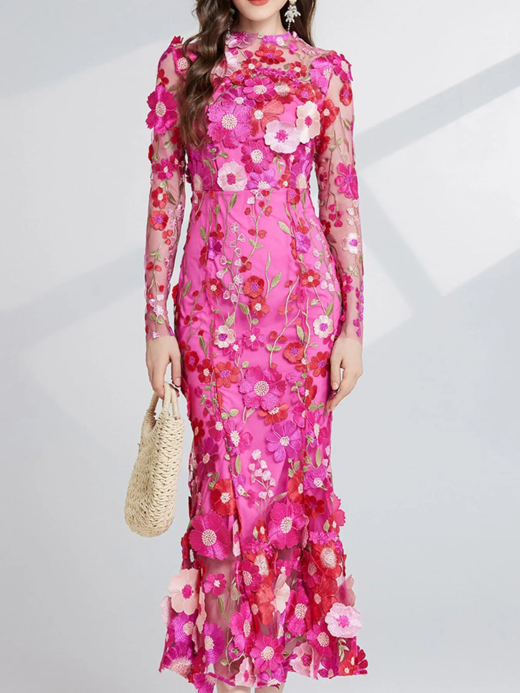 Floral Embroidered Mesh Long Sleeve Midi Dress (15)