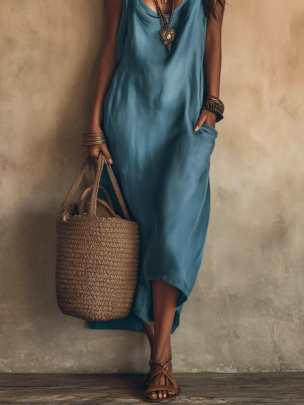 Full Size Spaghetti Strap Midi Dress Pockets Plus (5)