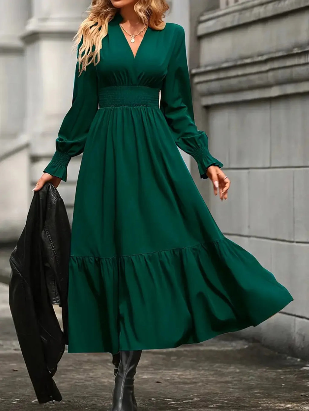 Notched Long Sleeve Tiered Dress (2)