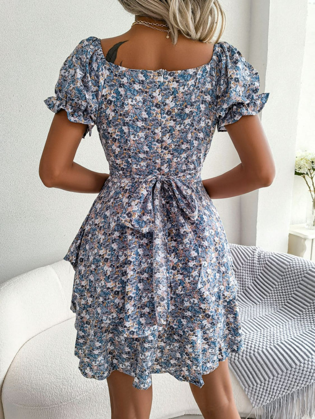 Floral Sweetheart Neck Flounce Sleeve Mini Dress (5)