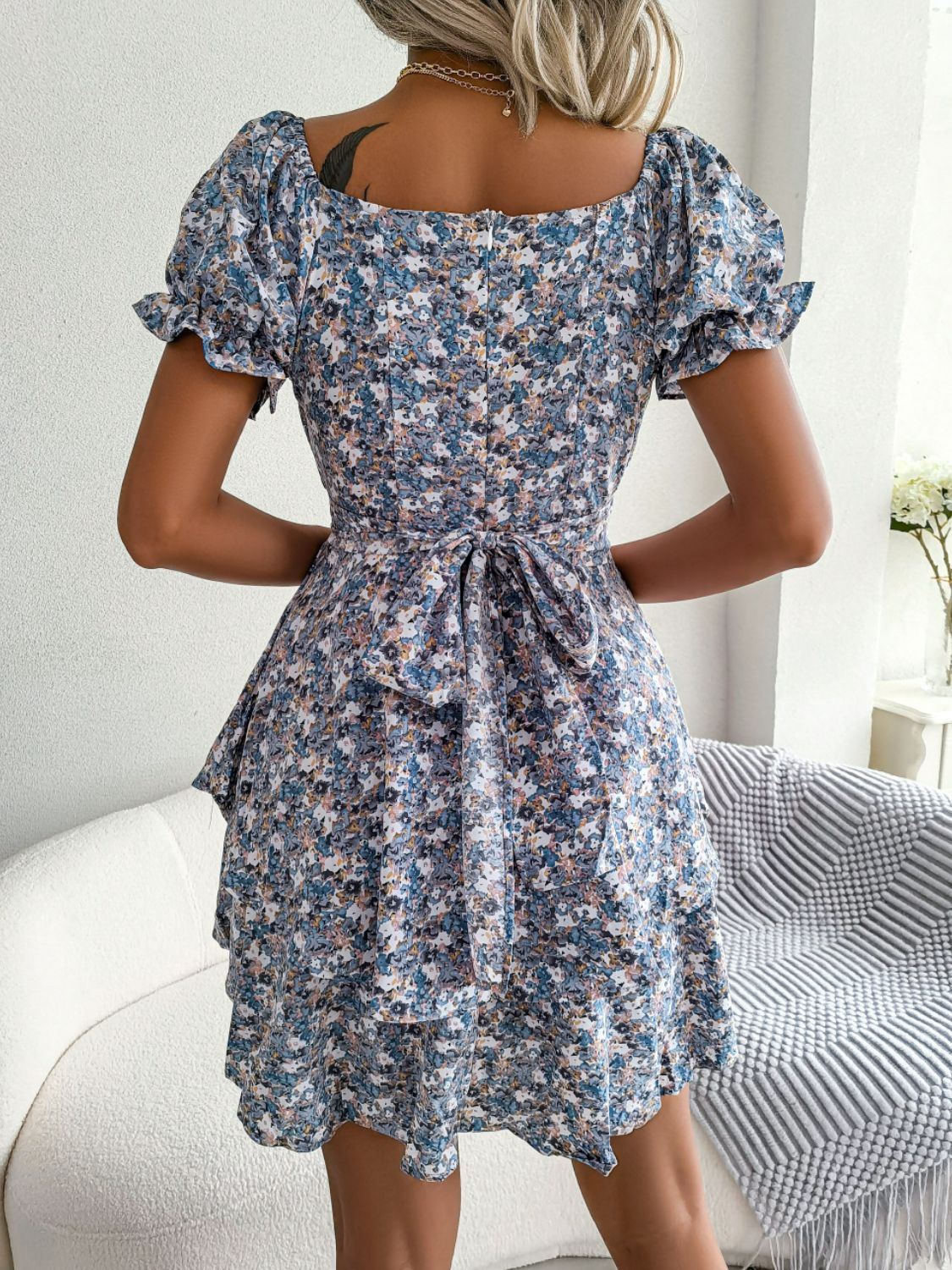 Floral Sweetheart Neck Flounce Sleeve Mini Dress (5)
