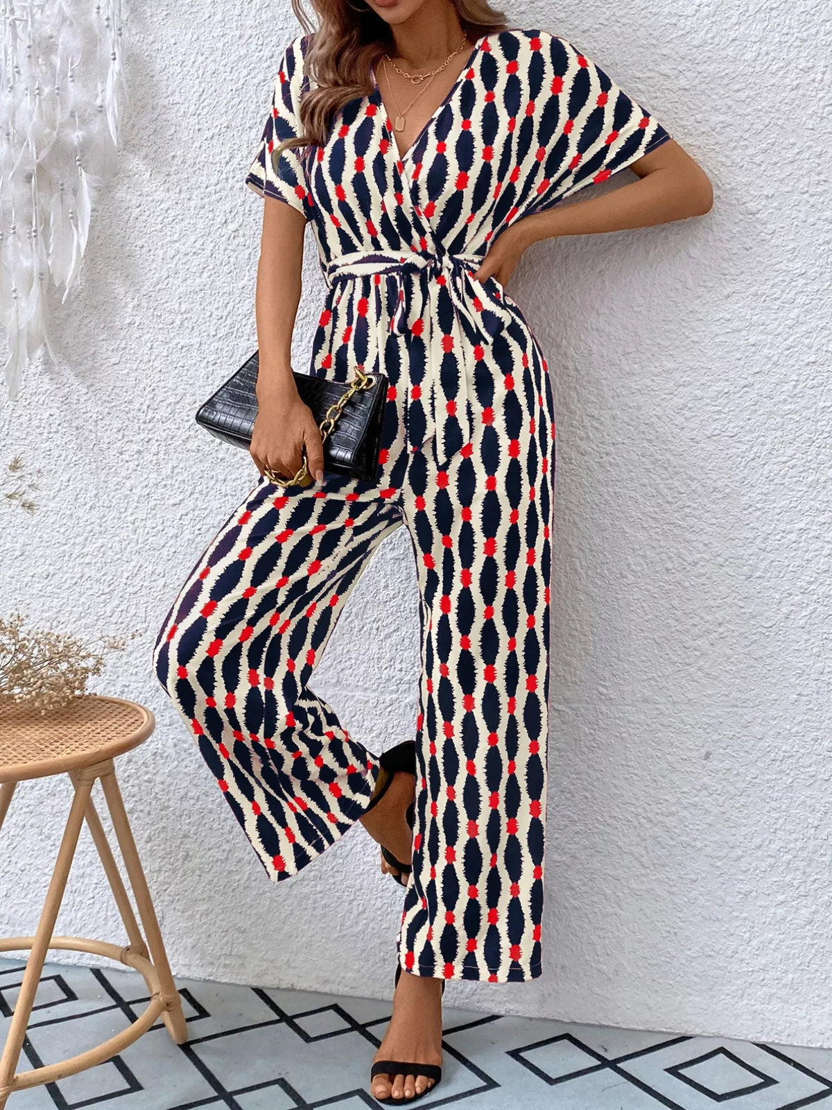 Printed Surplice Tie Waist Short Sleeve Jumpsuit (16)