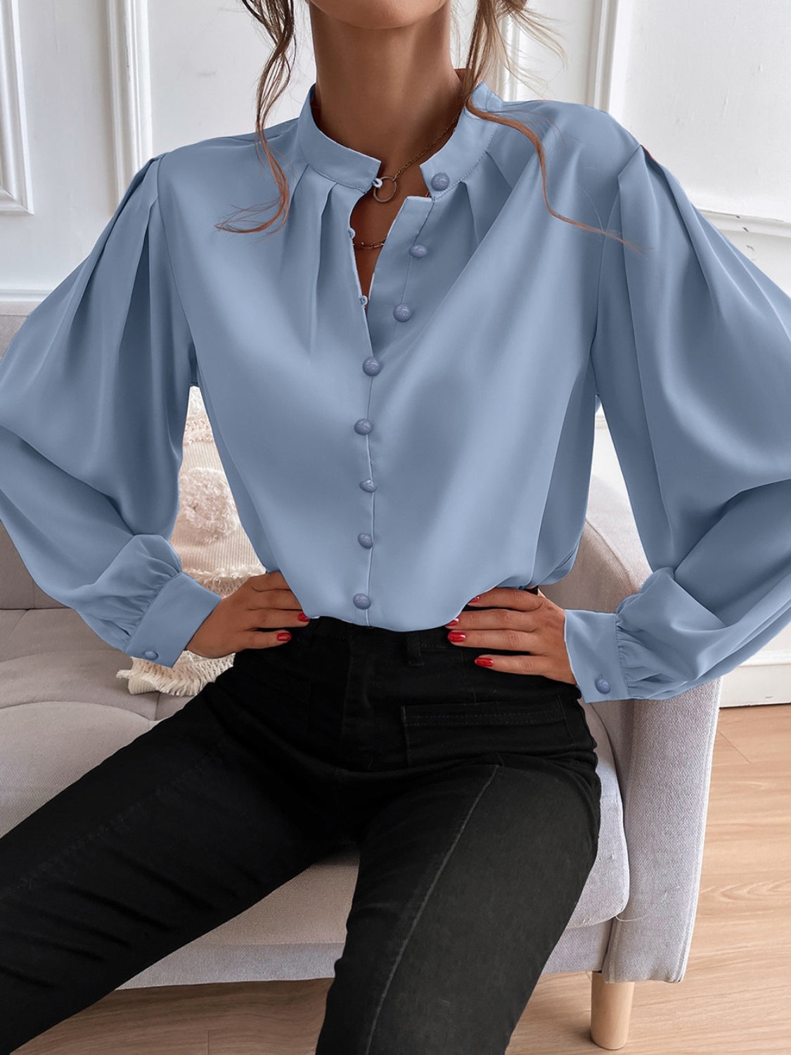 Mock Neck Button Front Shirt (11)