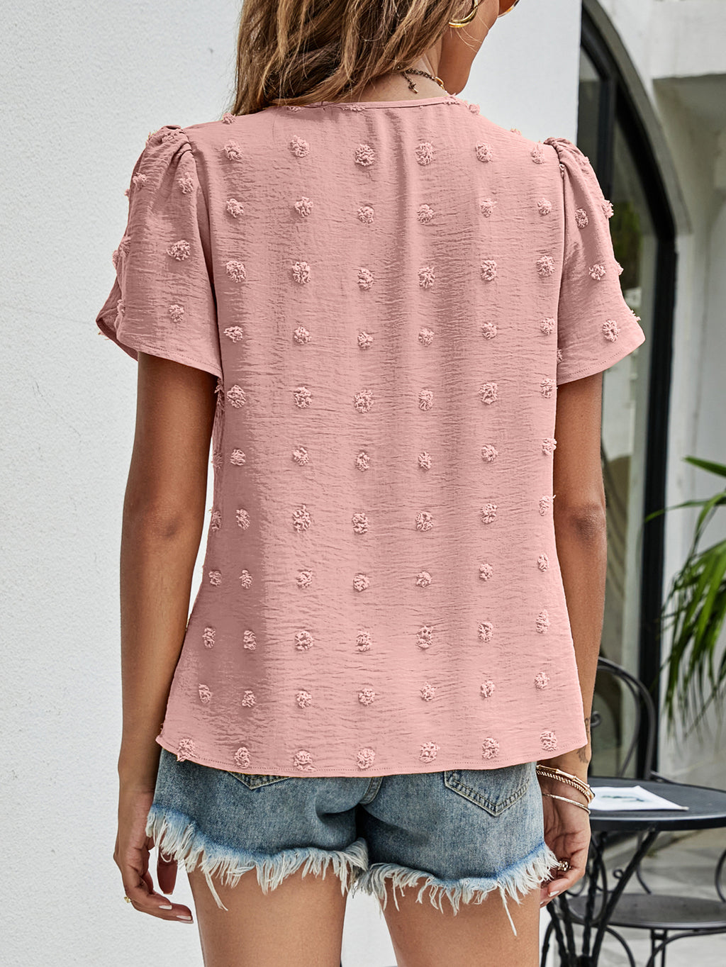 Swiss Dot Round Neck Petal Sleeve Top (21)