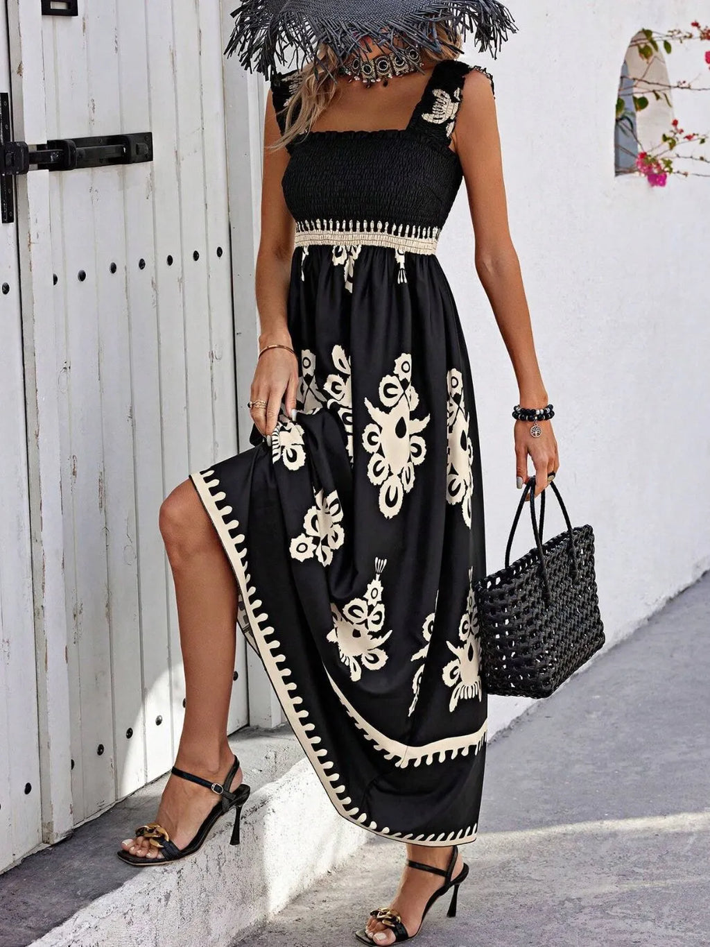 Smocked Printed Wide Strap Maxi Dress (3)