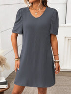Textured Round Neck Short Sleeve Mini Dress (22)