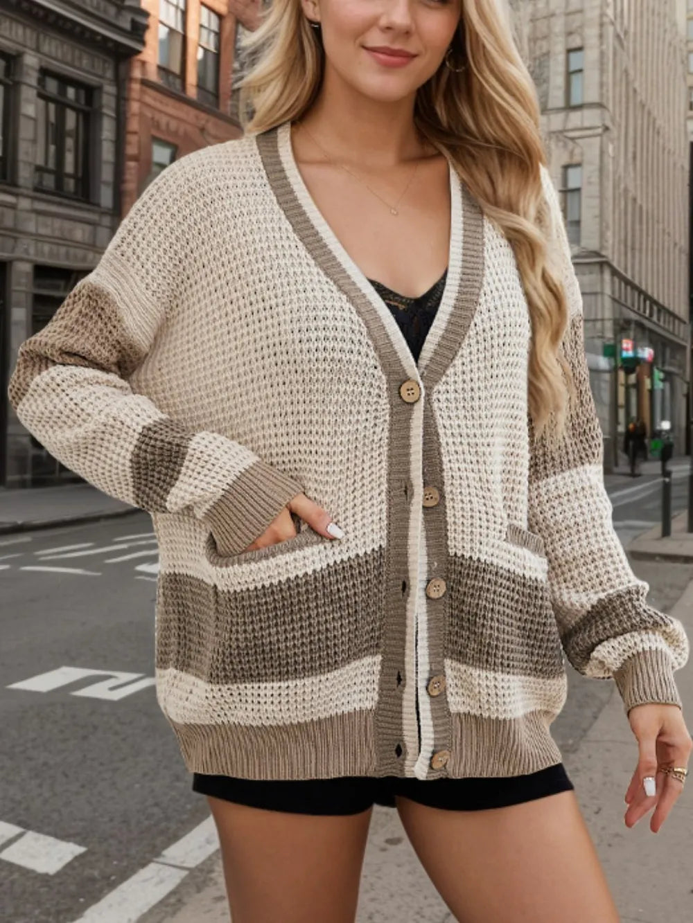 Contrast Button Up Long Sleeve Cardigan (12)