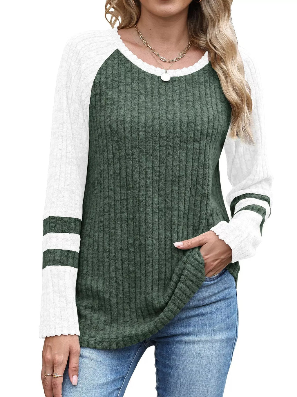 Ribbed Round Neck Raglan Sleeve Top (12)
