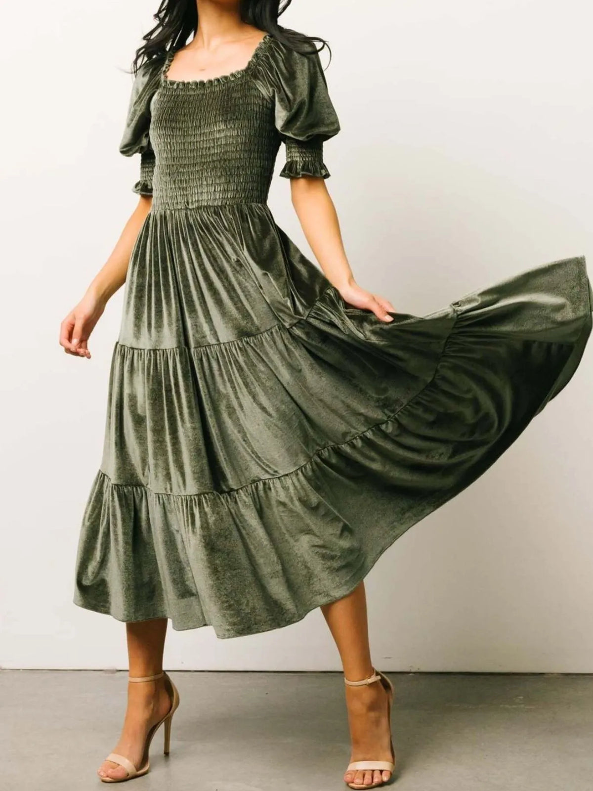 Smocked Half Sleeve Tiered Midi Dress (13)