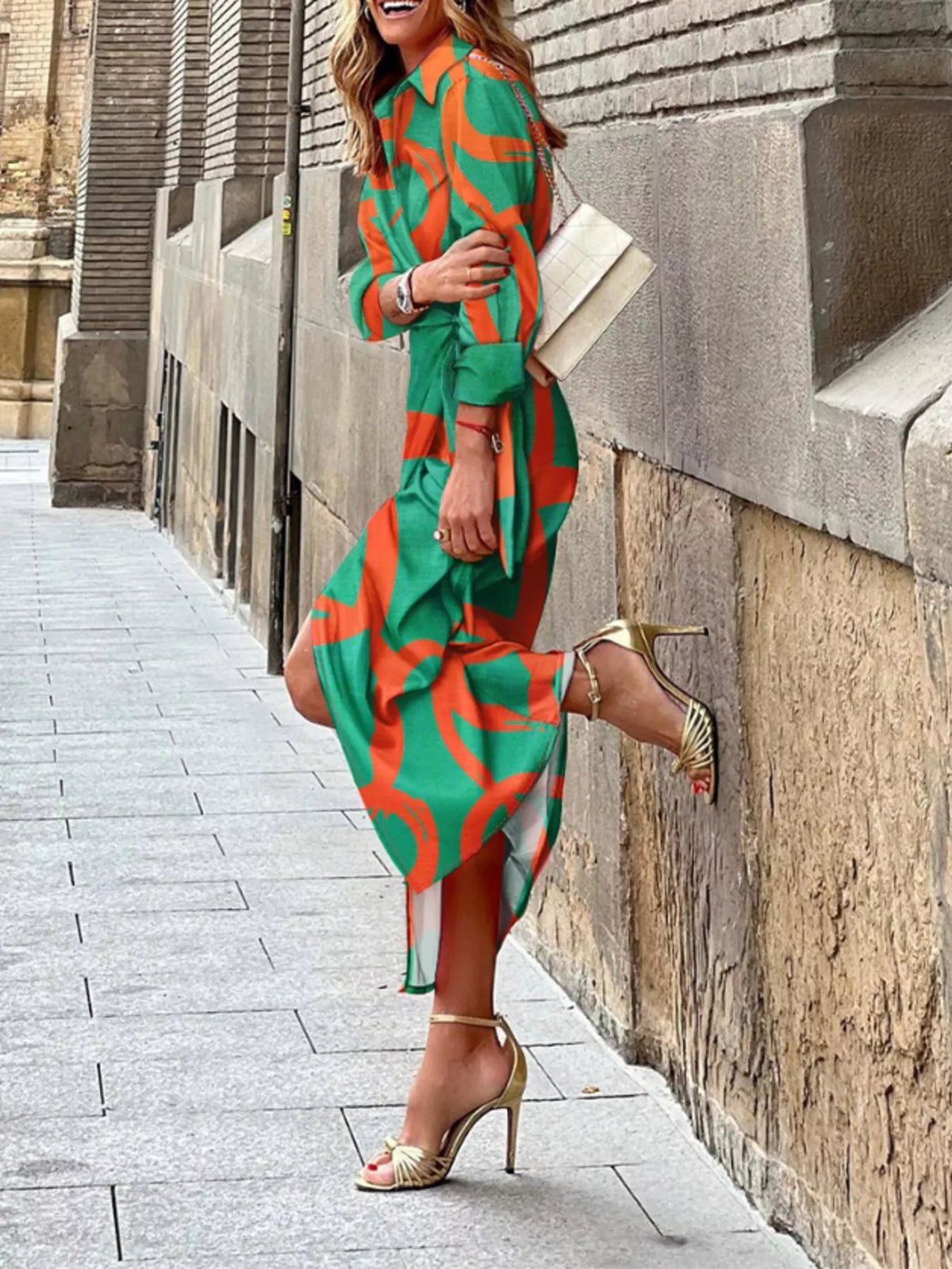 Printed Collared Neck Shirt Dress (3)