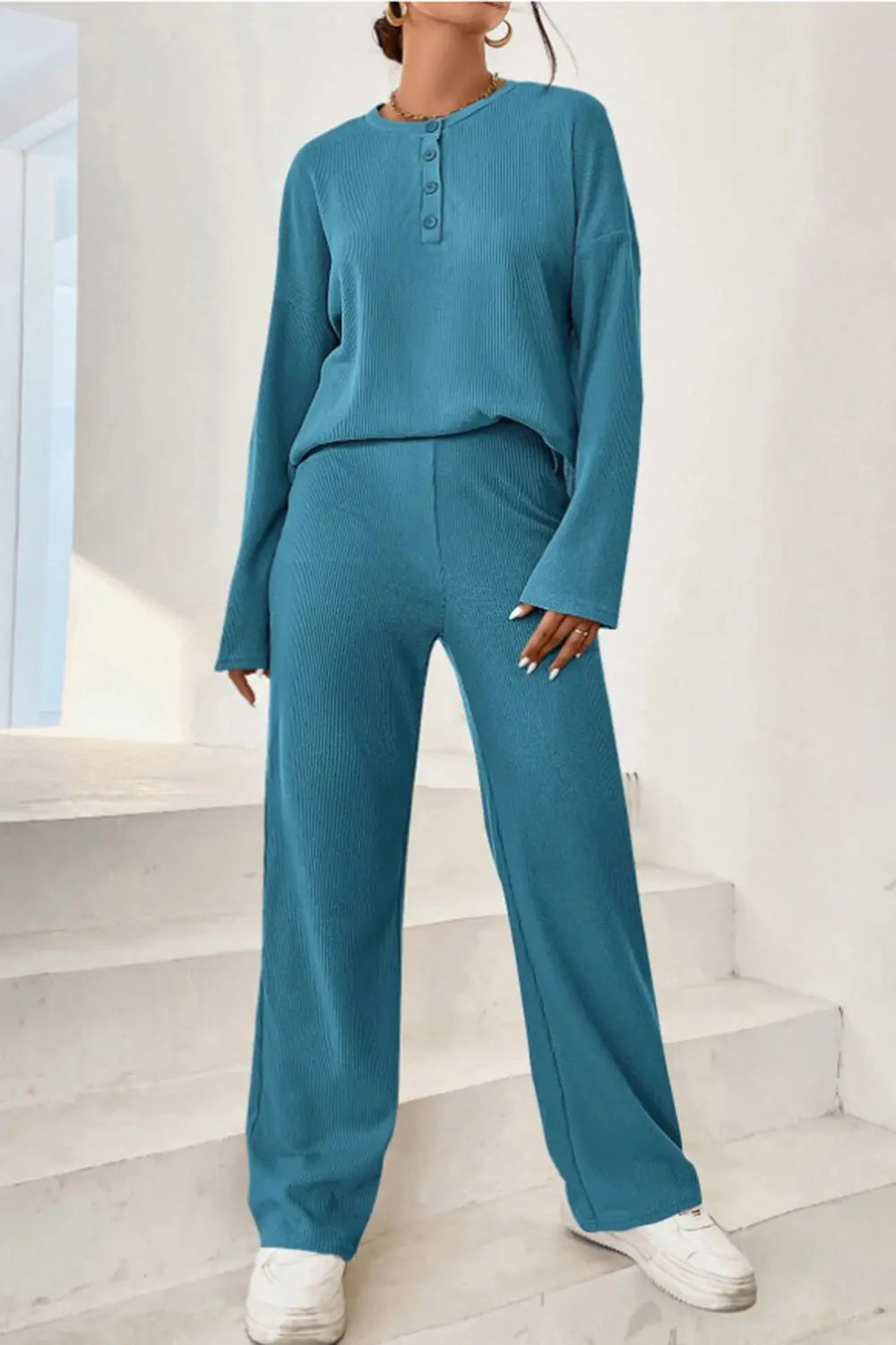 Ribbed Half Button Top Pants Set (4)