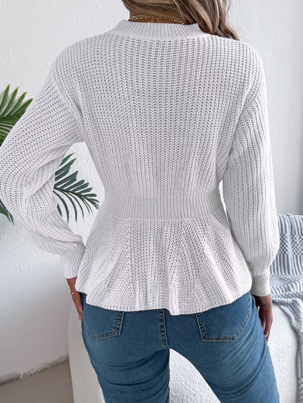 Cable Knit Round Neck Peplum Sweater (3)