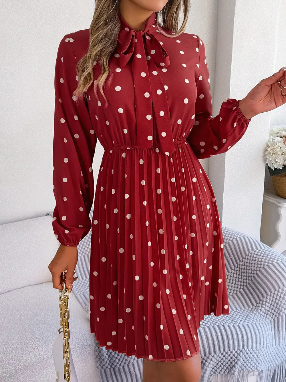 Polka Dot Tie Neck Pleated Dress (18)