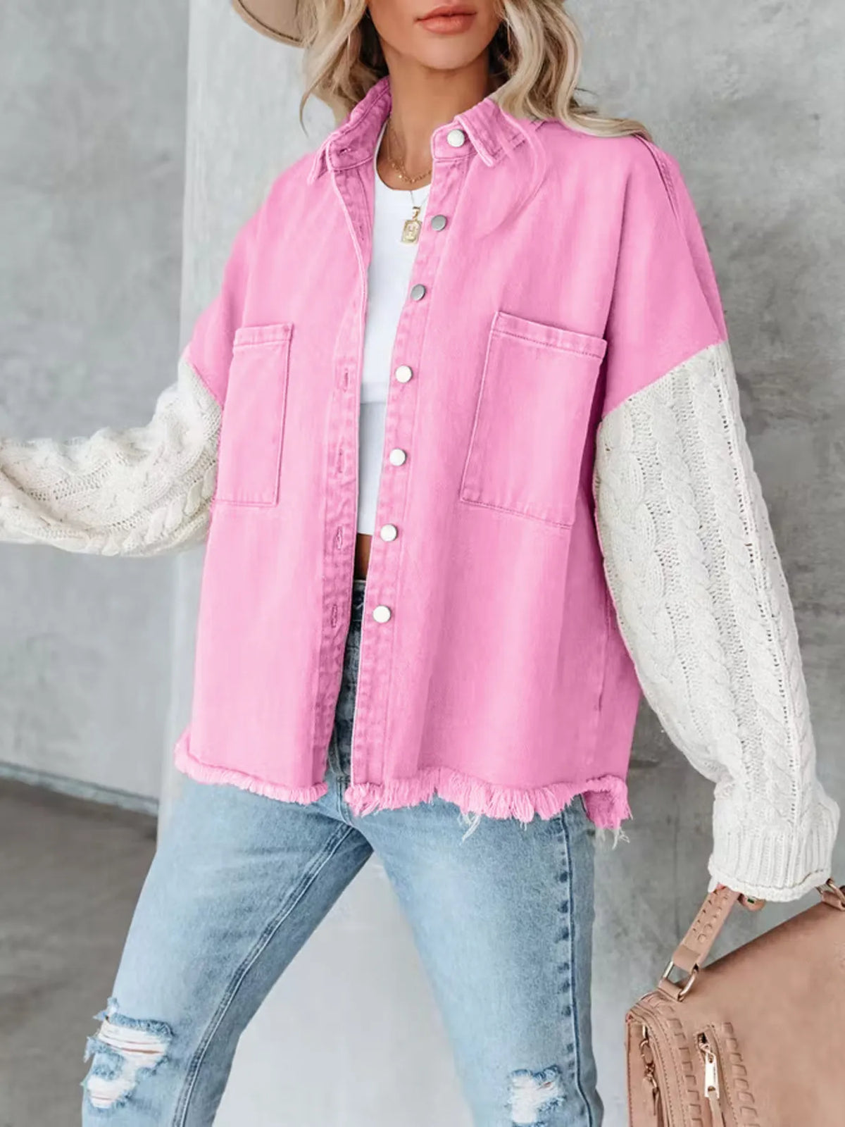 Full Size Raw Hem Button Up Patchwork Denim Jacket Plus (5)