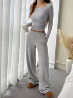 Ribbed Knit Boat Neck Top Pants Set (15)