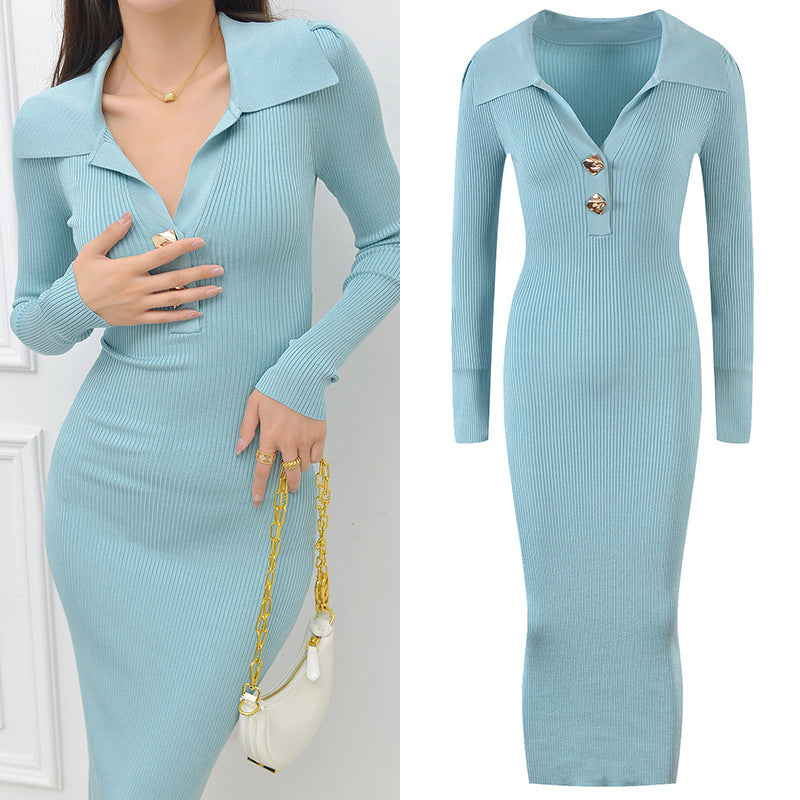French Lapel Metal Buckle Long Sleeve Long Sheath Skirt photo 16