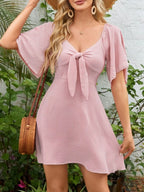 Smocked Back Knotted Flutter Sleeve Dress (5)