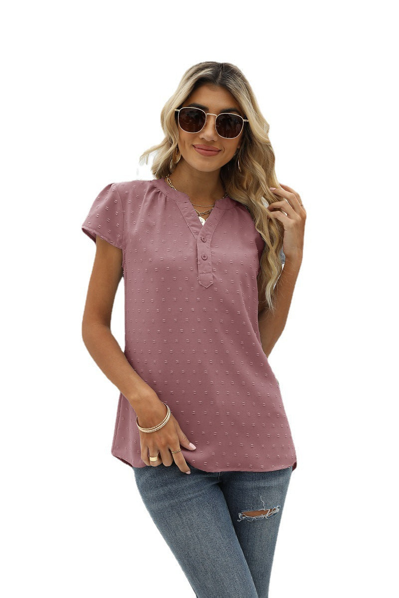Swiss Dot Notched Neck Short Sleeve Top (31)