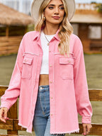 Button Up Collared Neck Raw Hem Denim Top (3)