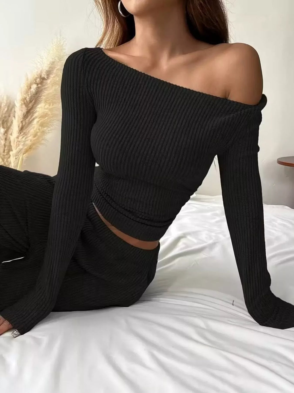 Ribbed Knit Boat Neck Top Pants Set (7)