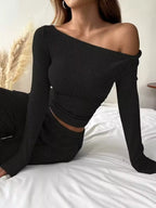 Ribbed Knit Boat Neck Top Pants Set (7)