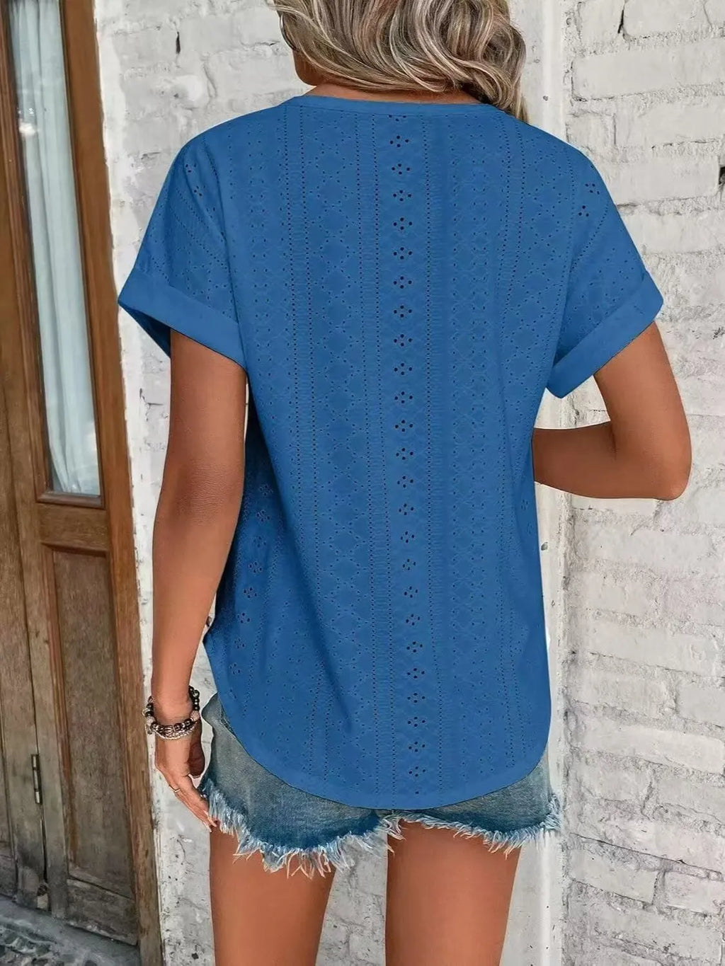 Eyelet Round Neck Short Sleeve Top (12)