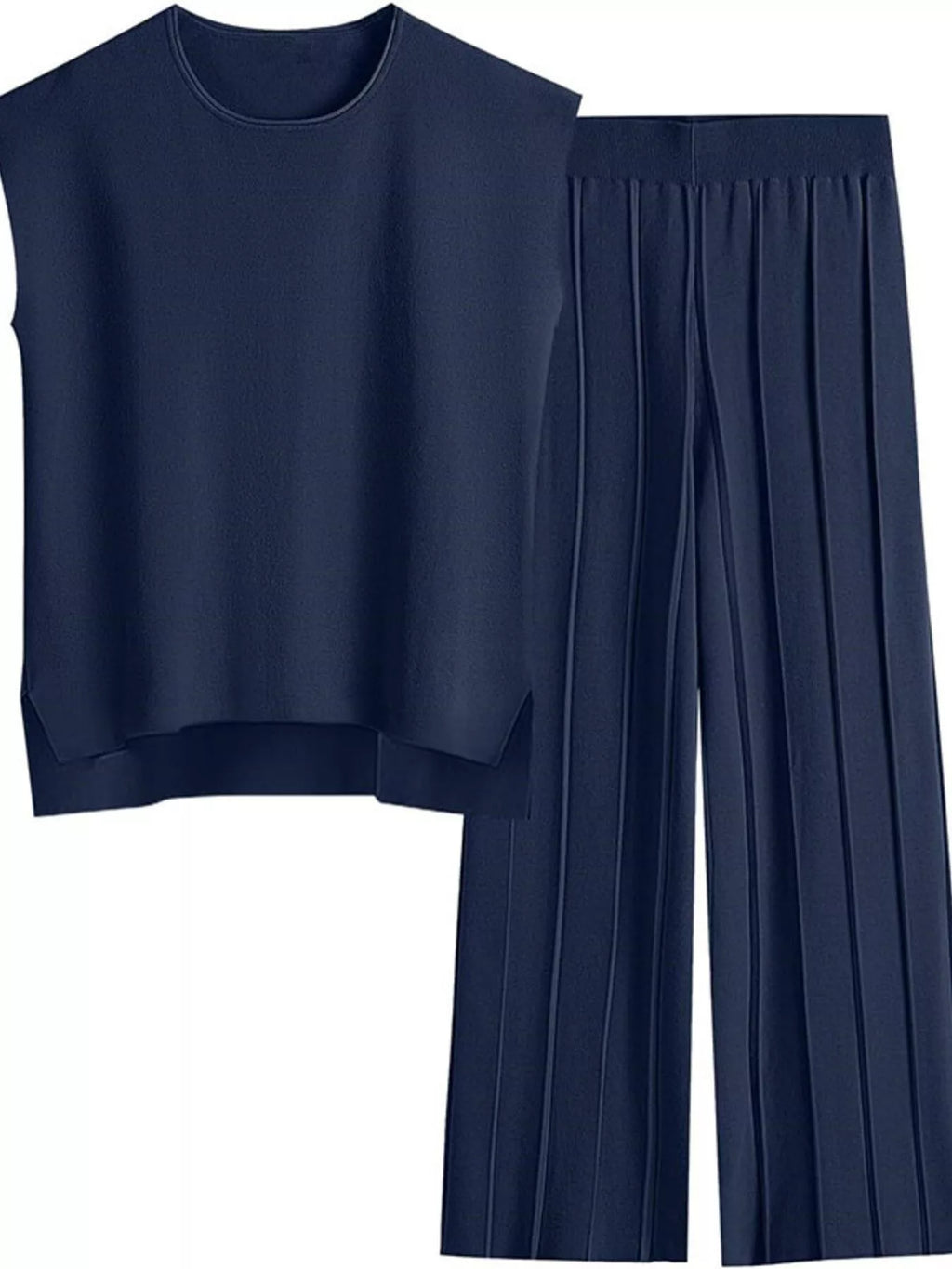 Casual Solid Color Cap Sleeve Top Pants Knit Set (14)
