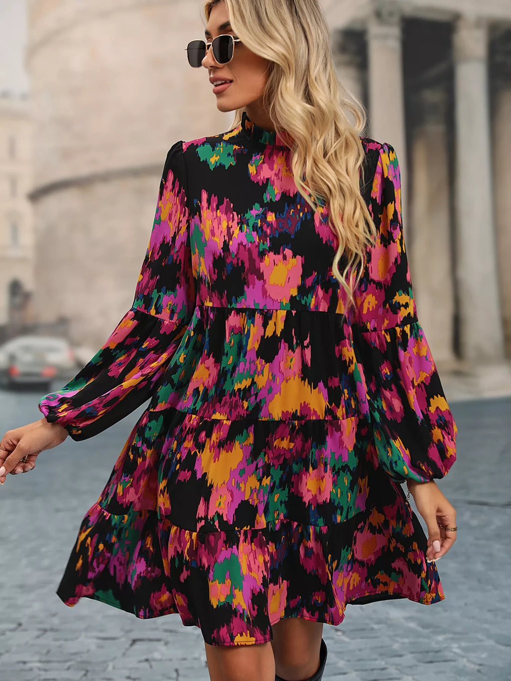 Printed Balloon Sleeve Mini Dress (4)