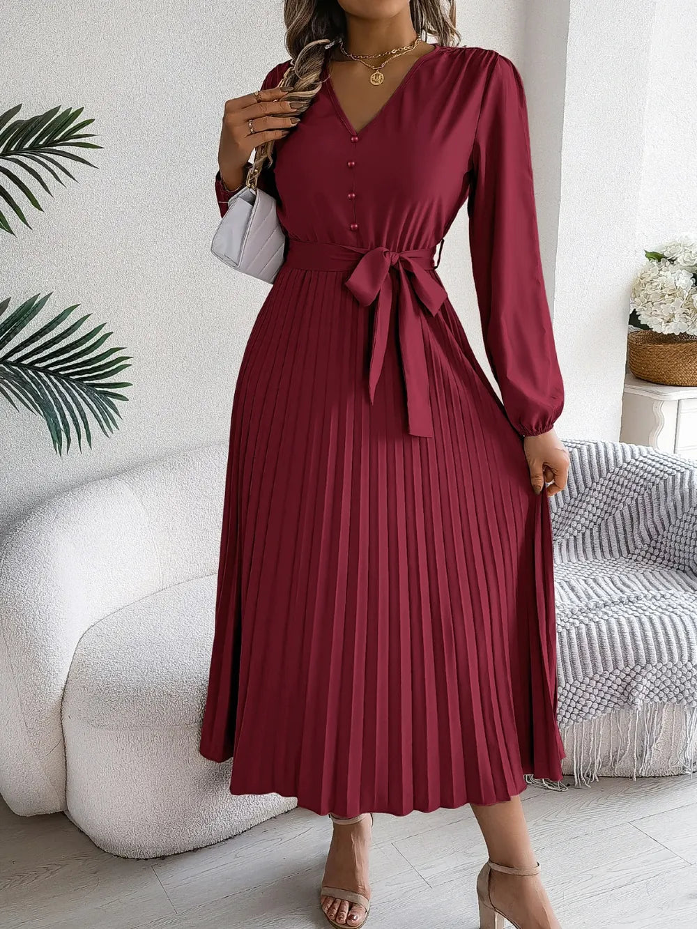 Pleated Tied V-neck Long Sleeve Dress (23)