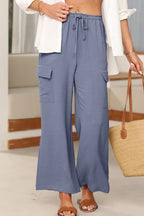 Drawstring Frilled Waist Wide Leg Utility Trousers (21)