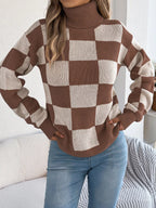 Checkered Turtleneck Long Sleeve Sweater (14)