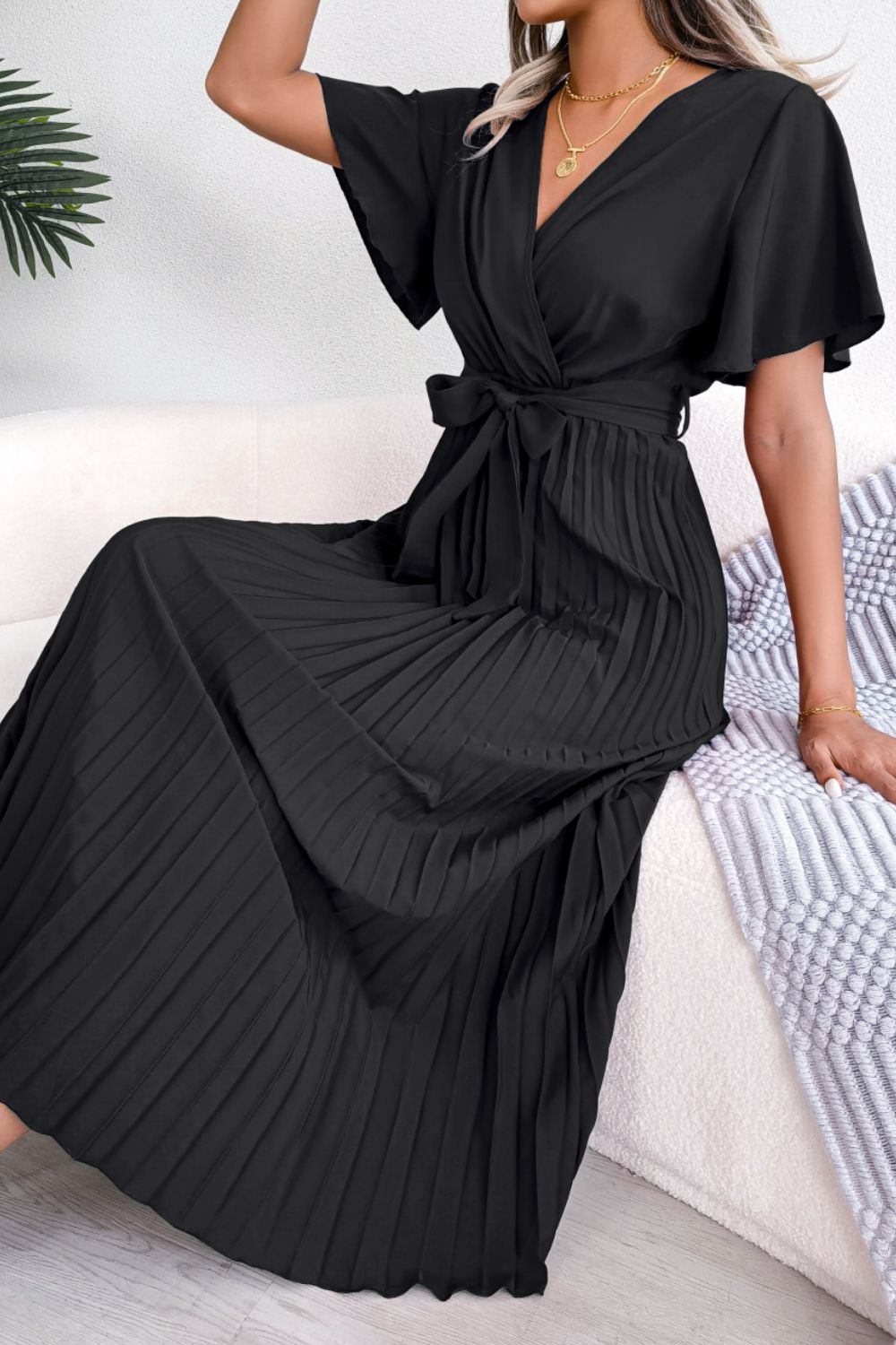 Pleated Flutter Sleeve Belted Dress (9)