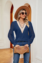 Contrast V-neck Long Sleeve Blouse (18)