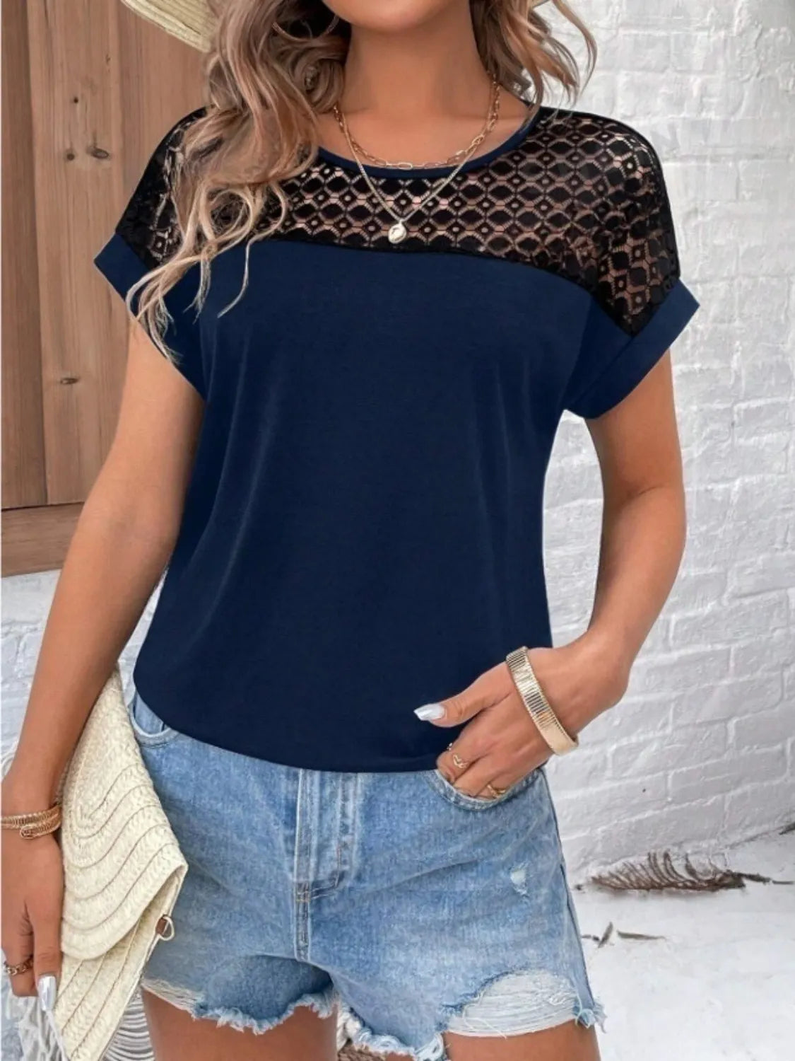 Lace Round Neck Short Sleeve T-shirt (7)
