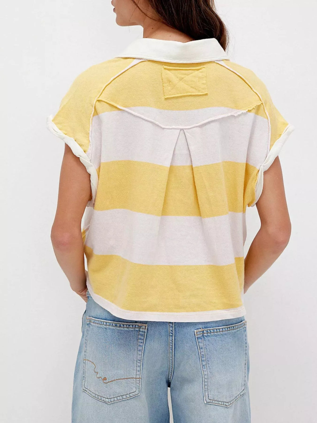 Half Button Striped Short Sleeve Cropped Polo Shirt (7)