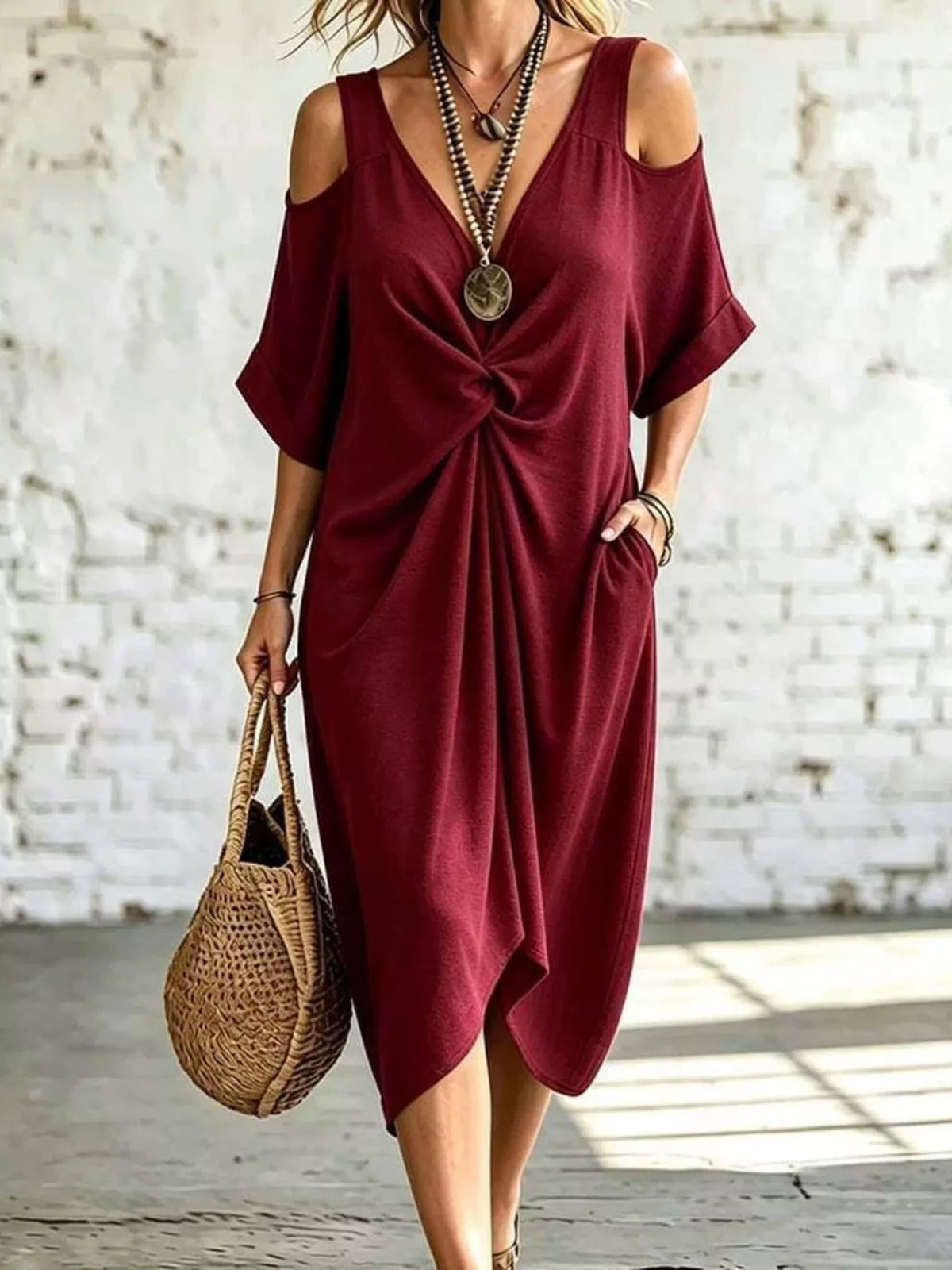 Full Size Cold Shoulder Twist Front Midi Dress Plus (3)
