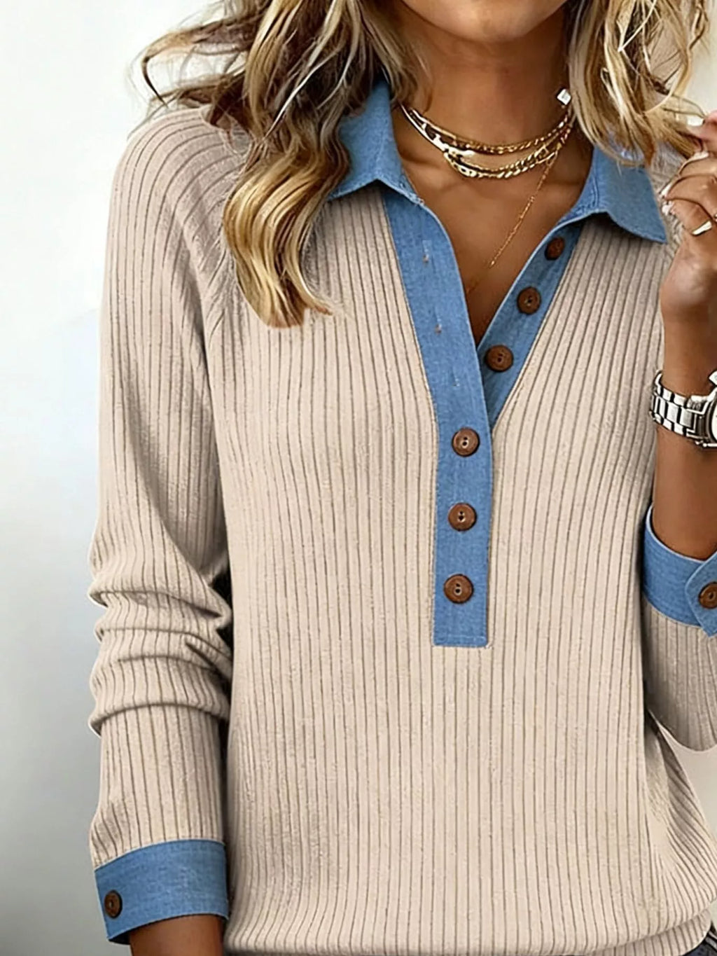 Full Size Half Button Ribbed Long Sleeve Knit Top Plus (8)