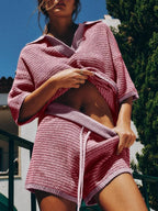 Collared Neck Contrast Striped Top Shorts Sweater Set (3)