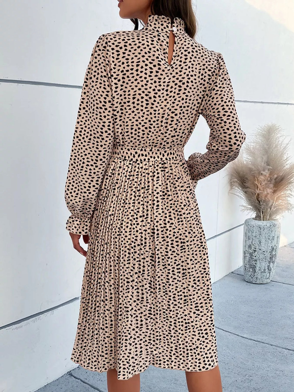 Animal Print Mock Neck Flounce Sleeve Dress (5)