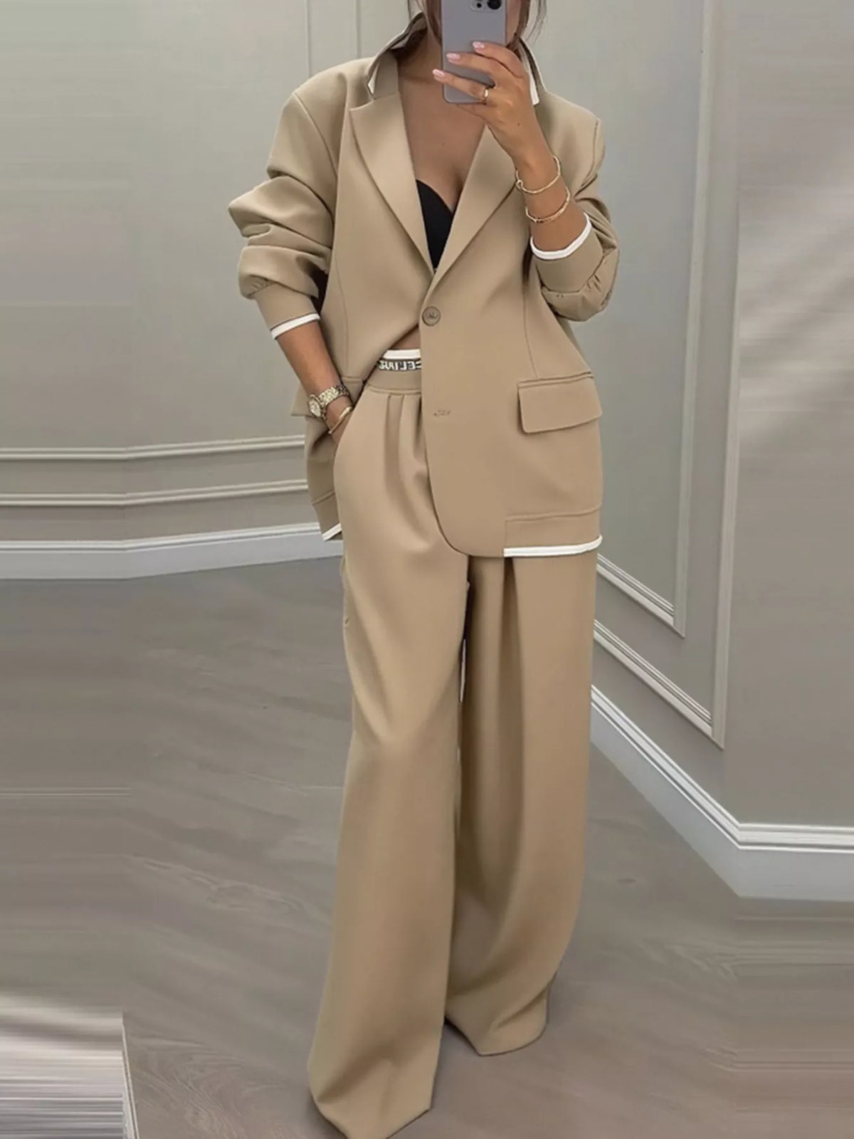 Full Size One Button Blazer Wide-leg Pants Set Plus (11)