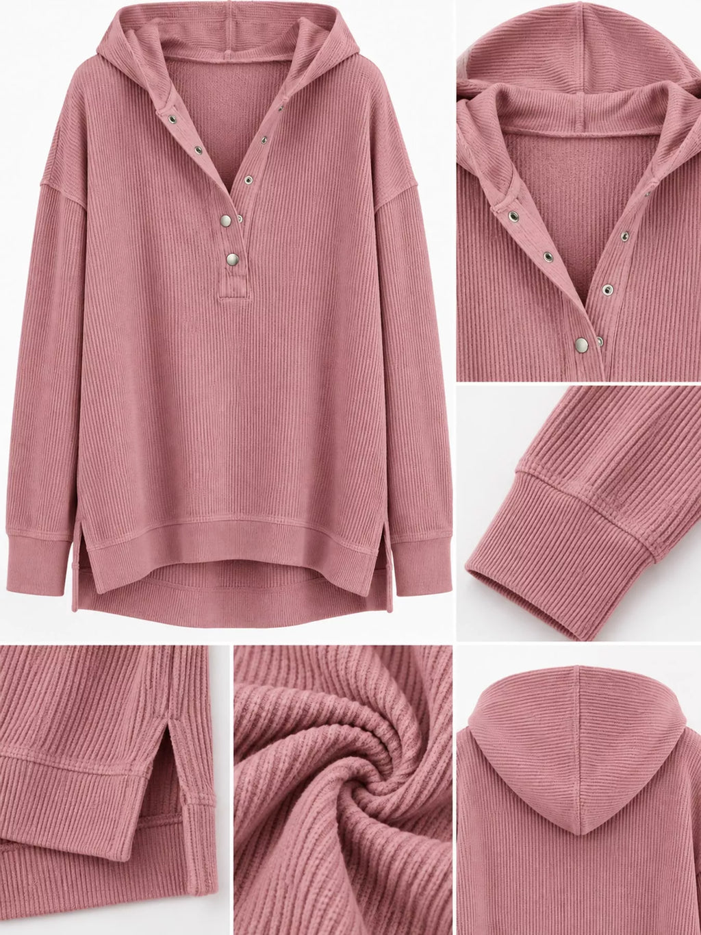 Full Size Snap Button Placket Dropped Shoulder Hoodie Plus (10)