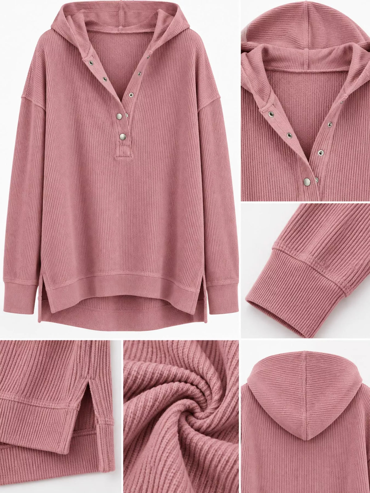 Full Size Snap Button Placket Dropped Shoulder Hoodie Plus (10)