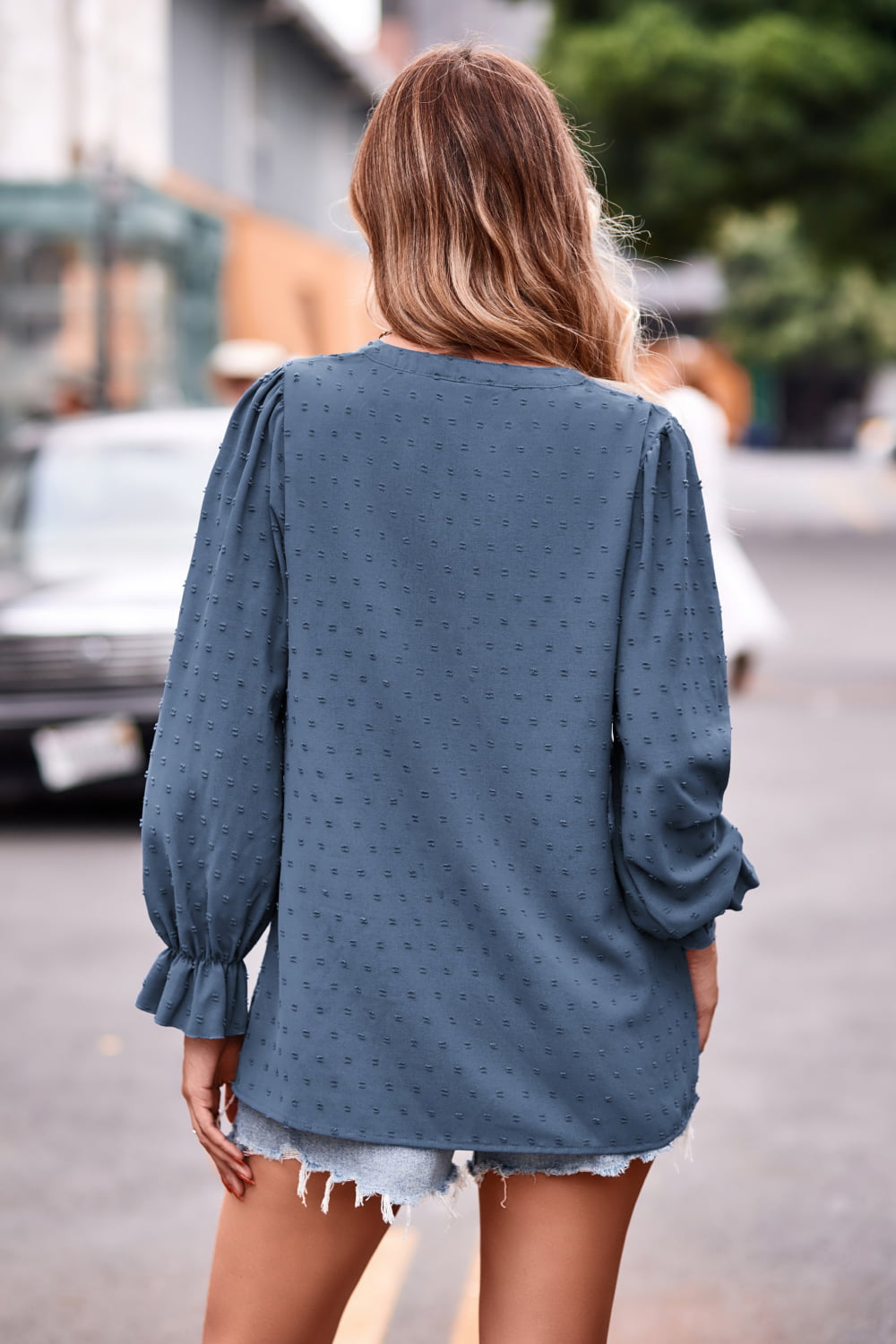 Swiss Dot Notched Neck Flounce Sleeve Blouse (2)