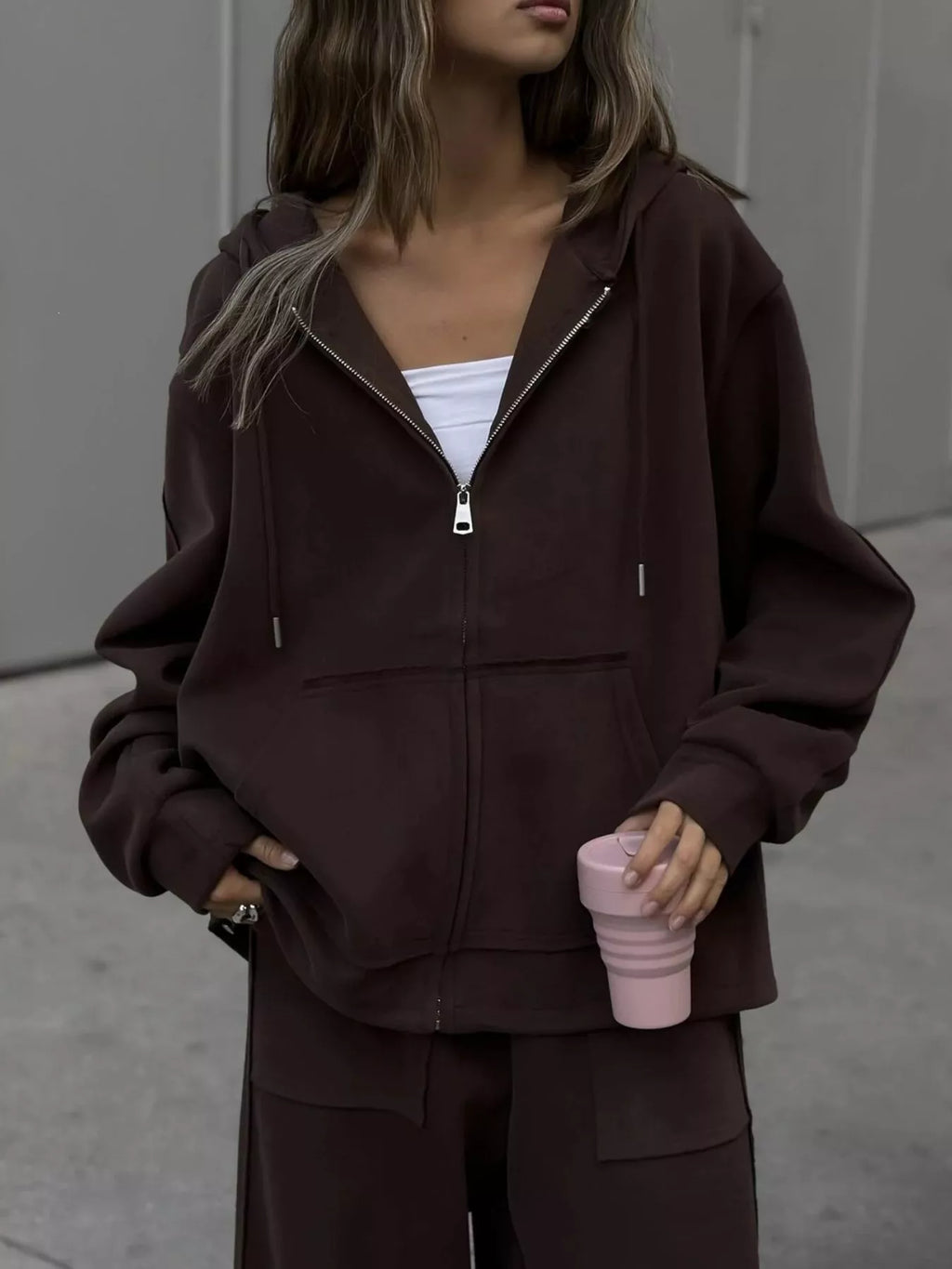 Oversized Zip-up Hoodie Wide-leg Pants Set (13)