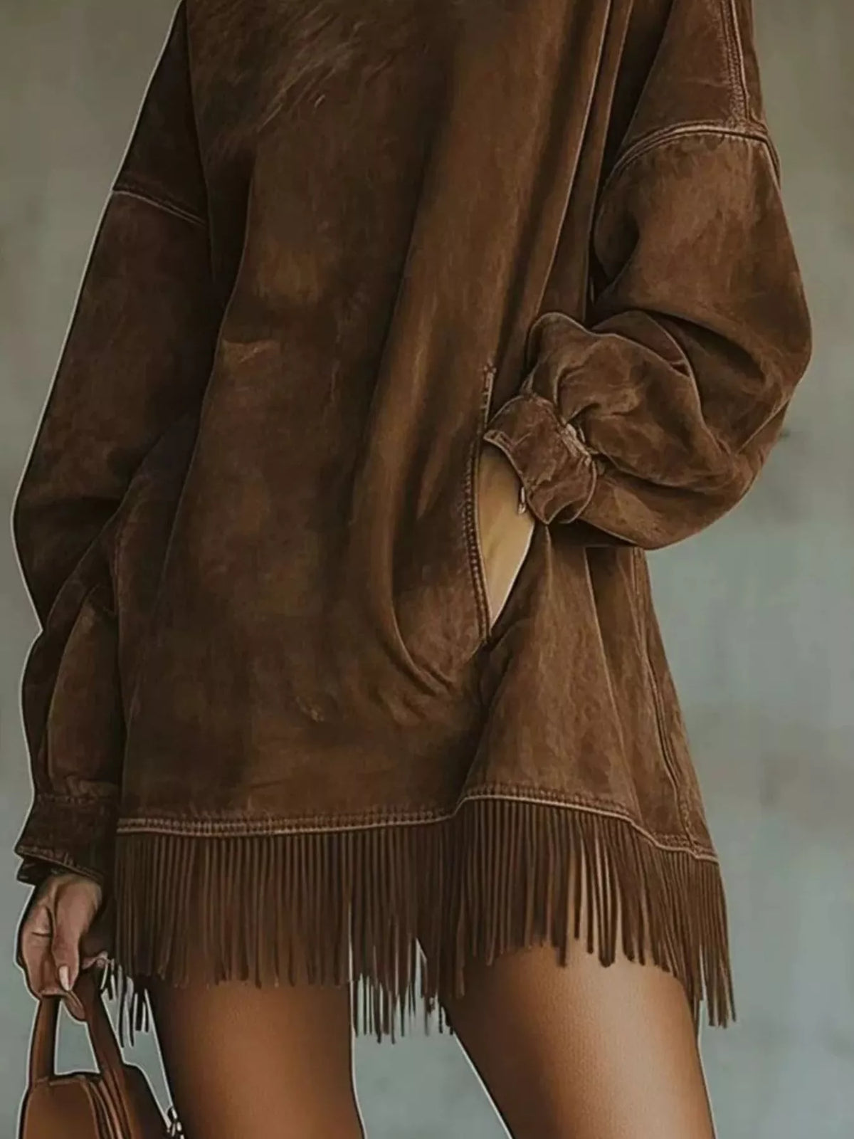 Full Size Mock Neck Fringed Hem Long Sleeve Mini Dress Plus (4)