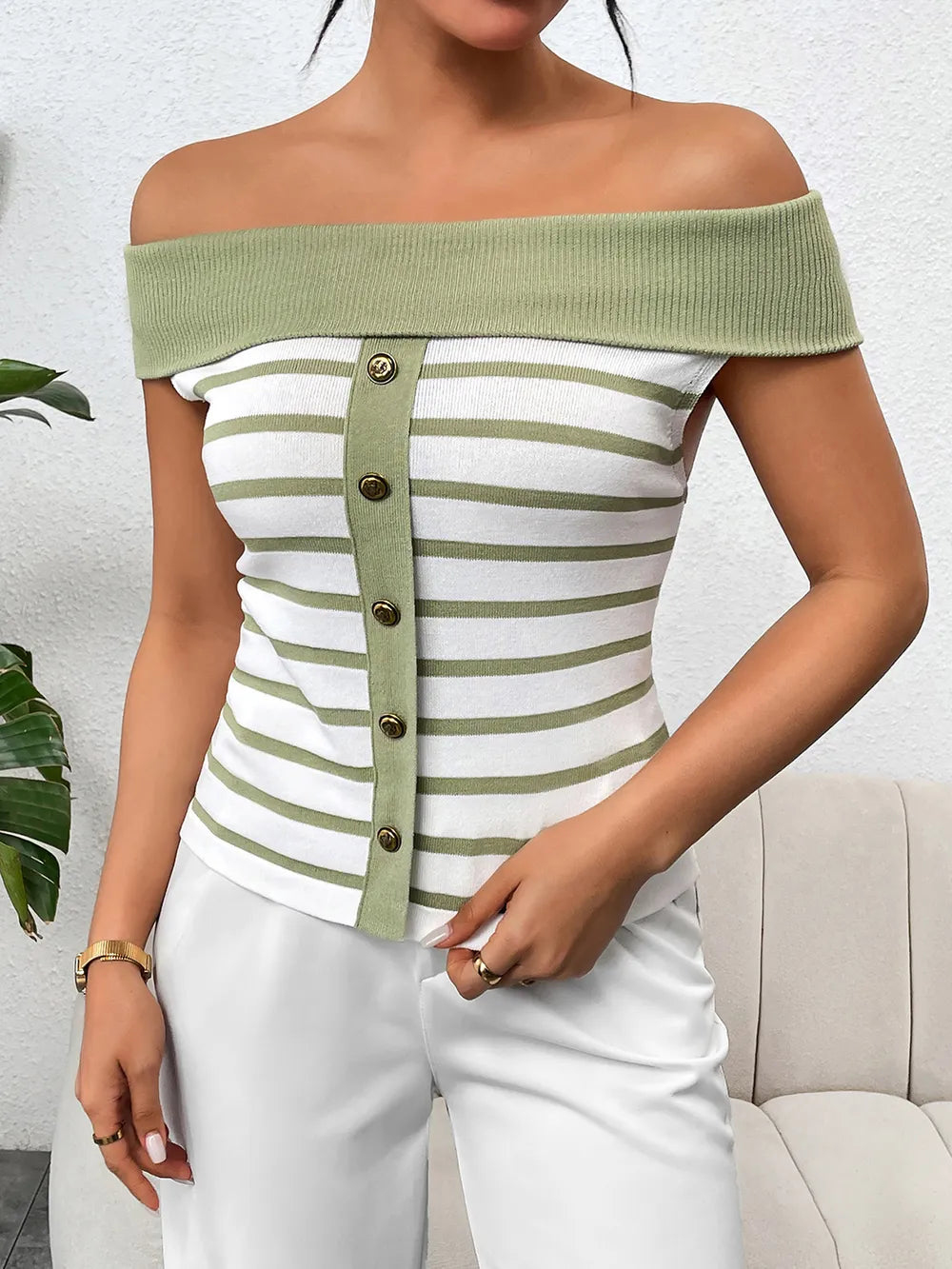 Decorative Button Striped Off-shoulder Knit Top (3)